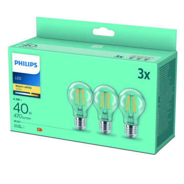 Glödlampa 3-pack E27 Normal Klar 40W 470lm Philips